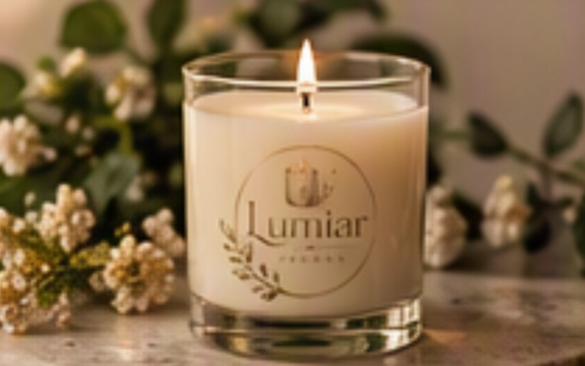 Vela aromática Lumiar acesa entre flores